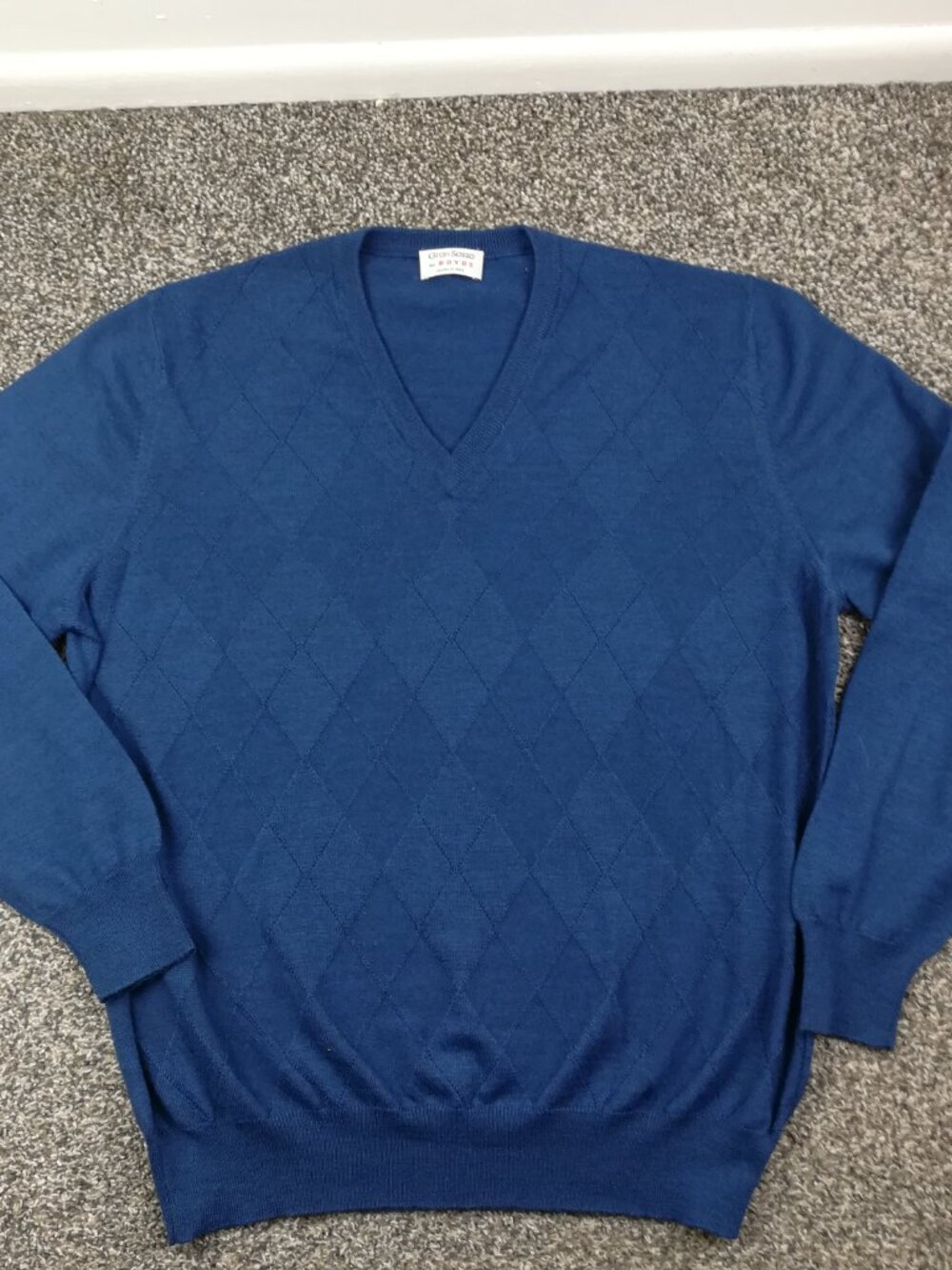 Gran Sasso Sweater Virgin Wool Argyle V Neck Pullover Blue Mens EU 54 (US XL)
